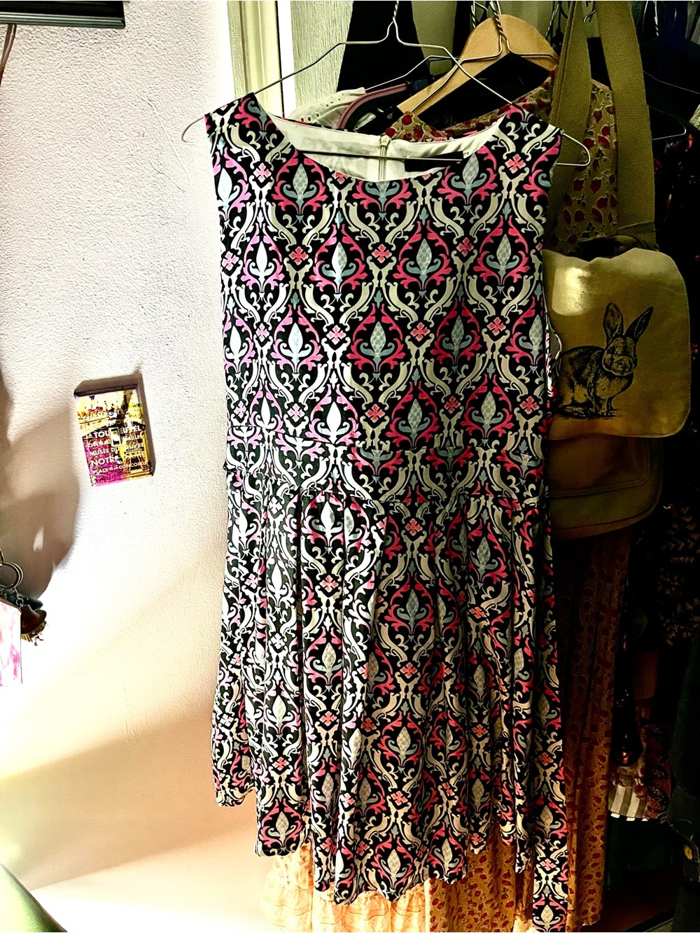 Sleeveless Black & Pink Patterned Fit-and-Flare Dress